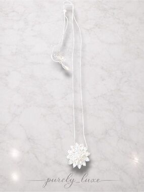 Silver Flower Pendant Necklace - White Crystal